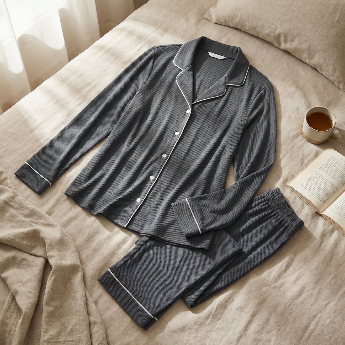 Sophia – Bamboe ribgebreide pyjamatop met lange mouwen